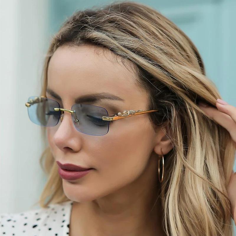 New Luxury Brand Eyewear Leopard Rimless Square Sunglasses Women Fashion Frameless Shades Female UV400 Gafas De Sol