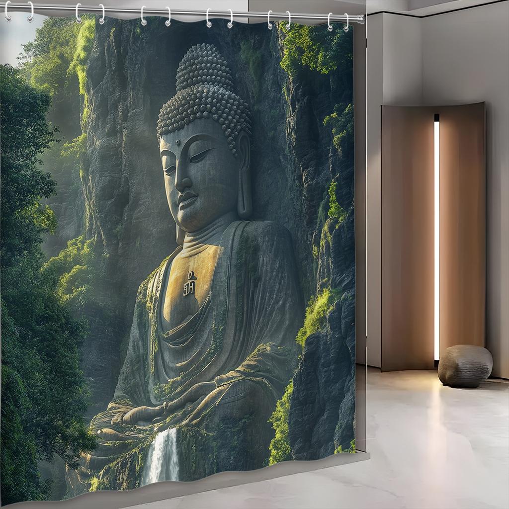 Tranquil Buddha Shower Curtain - Majestic Statue At Mount Emei, Polyester, Woven, Serene Scene With Trees & Waterfall