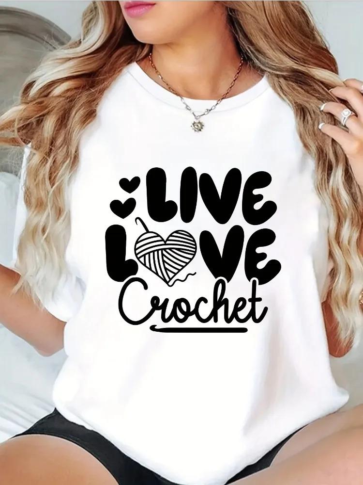 Womens Patterned TShirt LIVE LOVE Crochet Print with Heart Design Casual ShortSleeve Top Crew Neck Everyday Wear