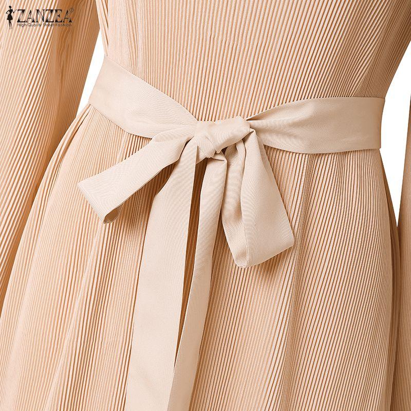 ZANZEA Women Turn Down Collar Loose Casual Long Sleeve Pleated Long Dress