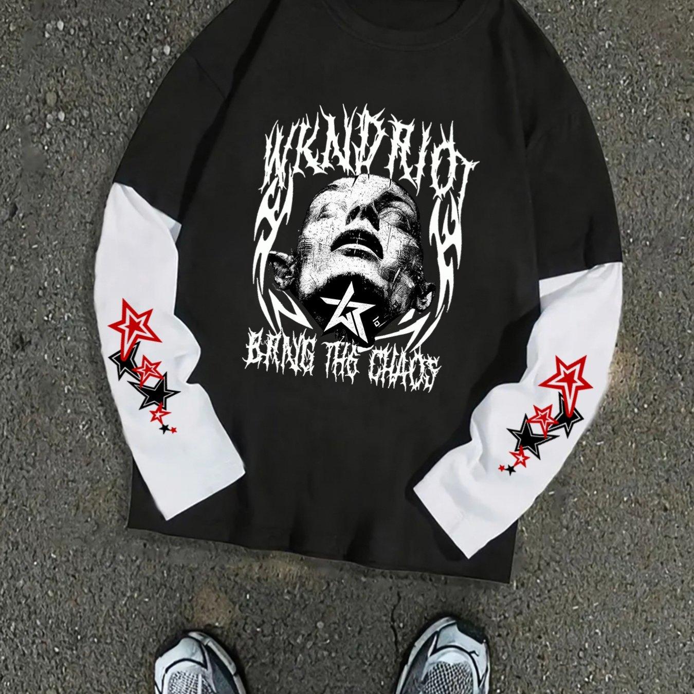 Fake Two-Piece Heavyweight Long-Sleeved Men S New Youth Loose Casual Printed Trendy Crew Neck Couple Jacket Long-Sleeved L чёрный