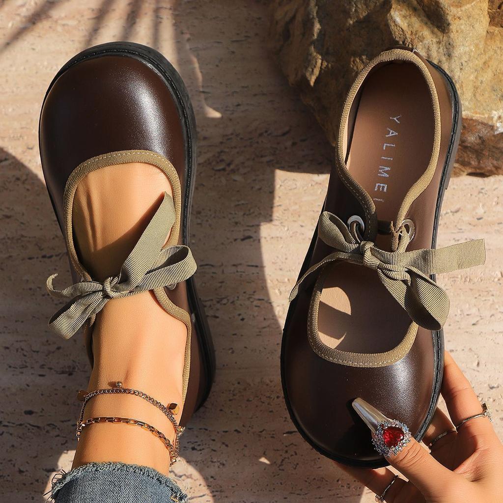 Fashion round head lace-up shallow mouth flat-soled single shoes Mary Jane shoes 2025 spring and summer explosion high-end small leather shoes women