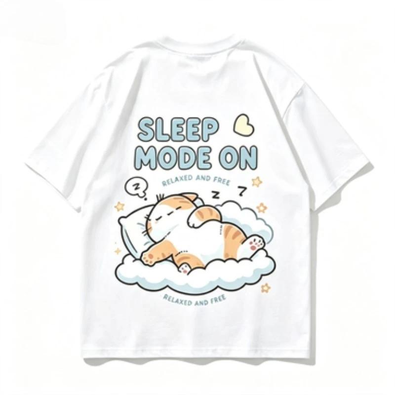 Sleep Mode On Graphic Tshirt Unisex Cute Sleeping Cat On Cloud Print Oneck Short Sleeve Loose Casual Summer Streetwear Tops