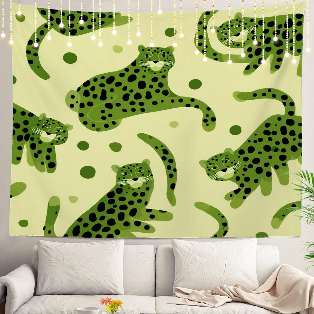 Aesthetic Green Leopard Spot Pattern Tapestry Wall Hanging Polyester Home Decor Jungle Safari Art Print Tropical Animal for Livi
