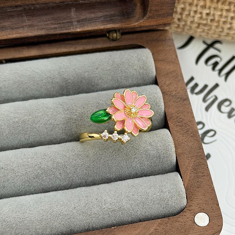 Sweet Stacked Enamel Dripping Oil Flower Temperament Open Ring Women'S Fashion Niche Design Sense Light Luxury Ring