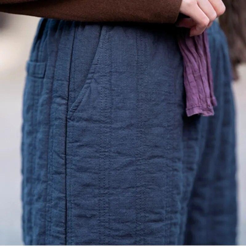 Johnature Women Vintage Warm Straight Pants Plus Cotton Winter Linen Trouser Elastic Waist Solid Color Women Soft Pants