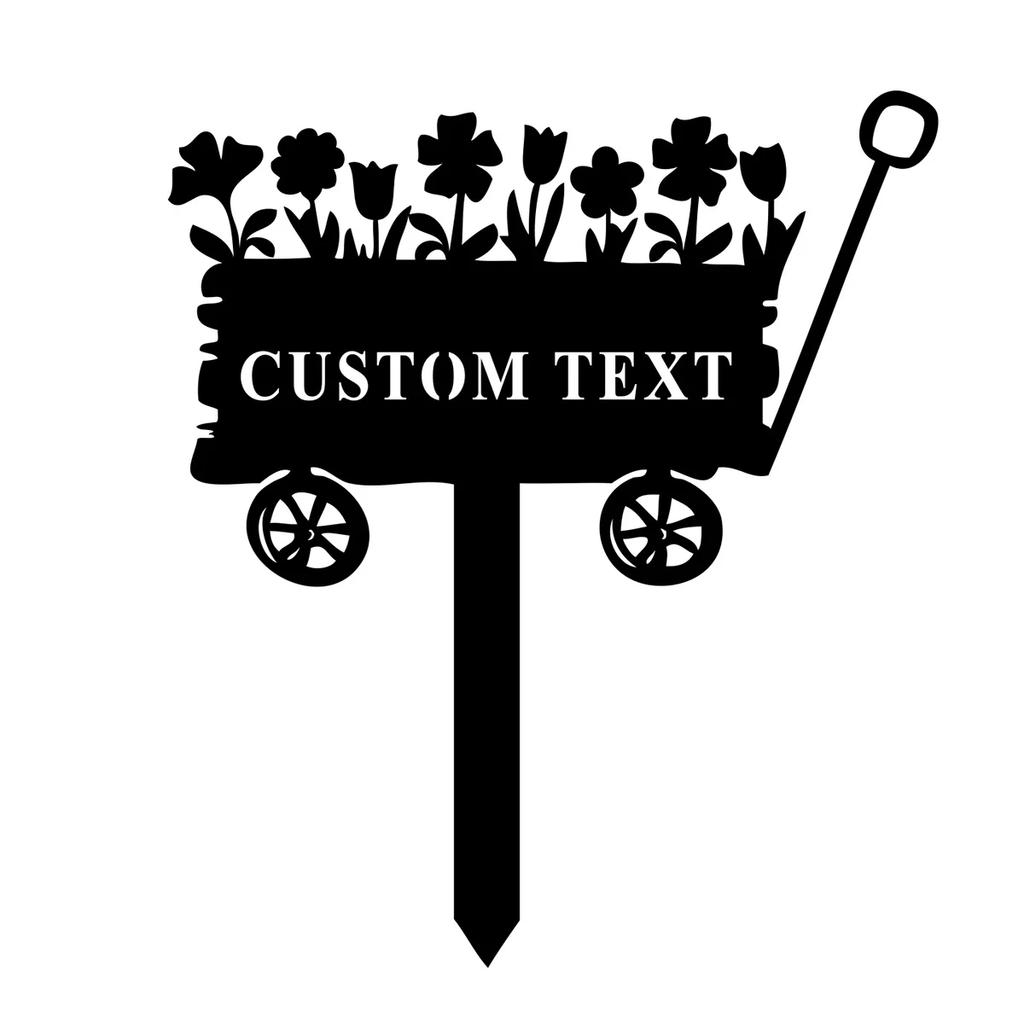 Metal Garden Stake Flower Cart Sign, Rustic Iron Floral Wheelbarrow Decor, Outdoor Plant Bed Marker, Gardening Gift Yard Art