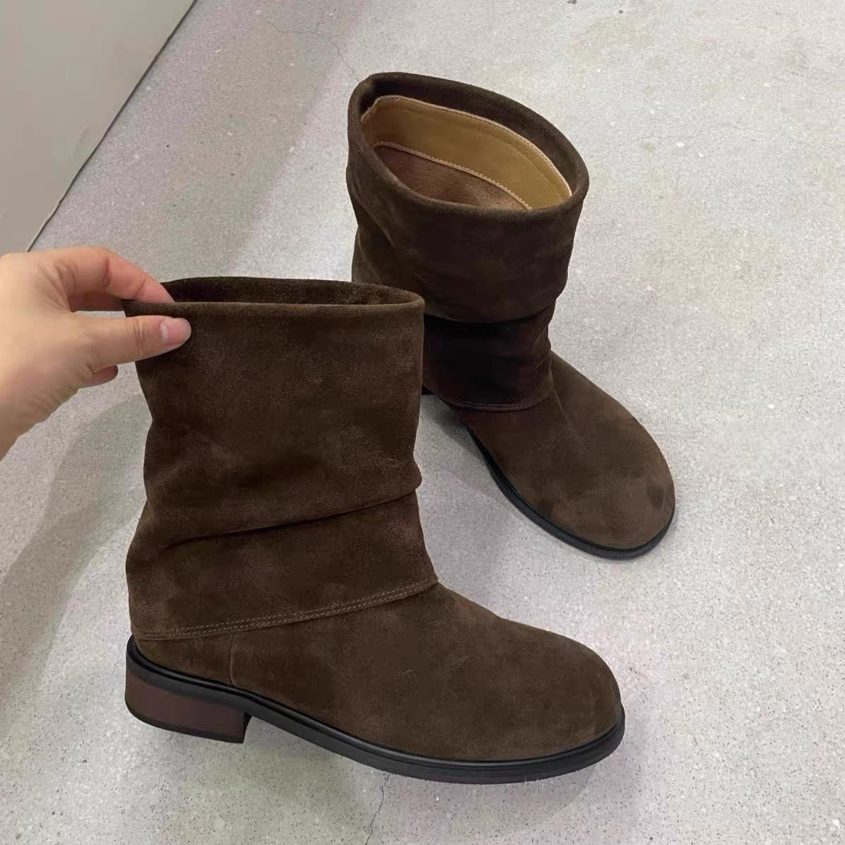 

Sheepskin version~ retro niche matte suede round head thick heel western cowboy boots wide tube pants tube boots short boots women s boots 40 темно-коричневого