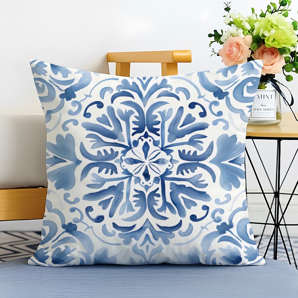 Blue and White Porcelain Cushion Cover Washable Linen Pillowcase Soft for Sofa Bed Cozy Home Room Decor