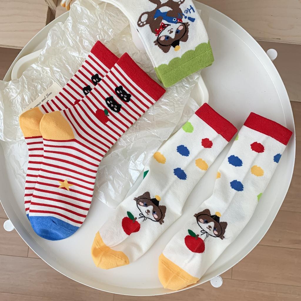 Autumn Women's Socks, Mid-calf Socks, Cartoon Cat Through-pile Socks, Student Socks for Women