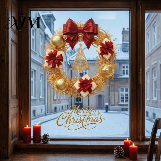 Removable Holiday Decals Christmas Wreath Static Window Sticker, Decorative for Glass Doors And Windows, Xmas Decorations PVC Wall Cling Home