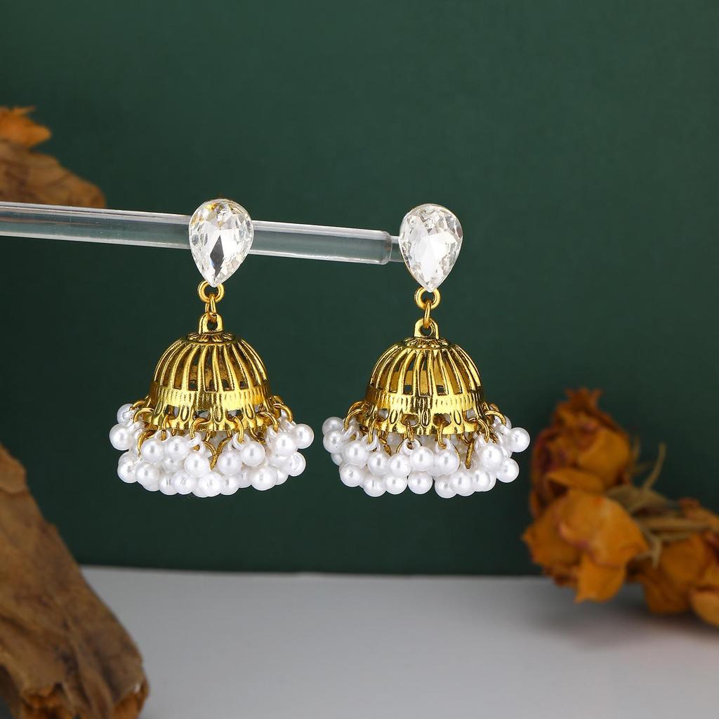 Bohemian Ethnic Gold Wind Chime Pendant Earrings with Rhinestone Accent