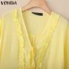 VONDA Women V Neck Long Sleeve Lace Up Ruffled Hem Semi-Sheer Shirts Blouse