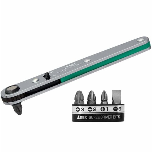 

ANEX Ratchet Driver, Ultra-Thin Offset Head, Straight Type, 5-Bit Set, No. 425-5B [Plate Type for Reaching into Tight Spaces], Phillips and Flathead L