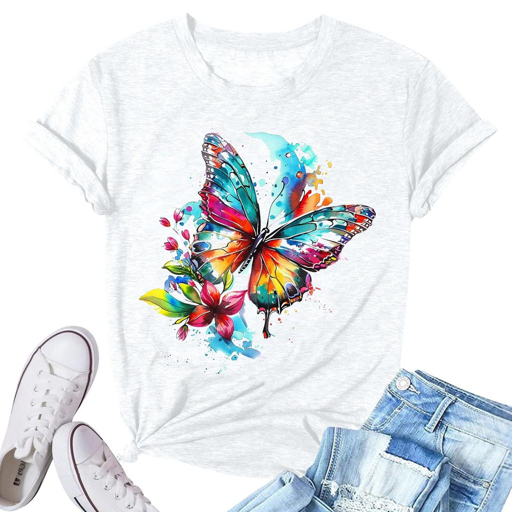 Women's Fashion Printed Casual Pleated Round Short Sleeve T-Shirt Top