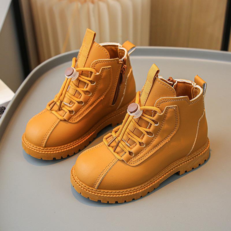 

Kids Fur Lined Leather Boots Autumn Winter Korean Fashion Short Boots for Boys Girls Casual Mid Calf size 26 хаки