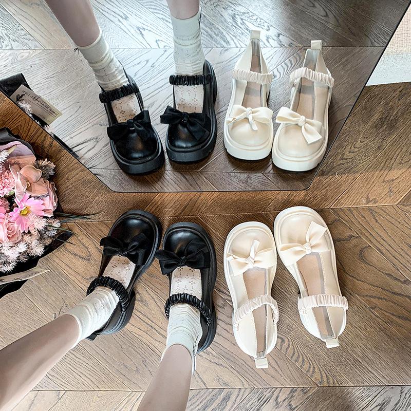 Bow high heel with skirt French single shoes women's 2025 autumn new thick heel thick sole Mary Jane small leather shoes