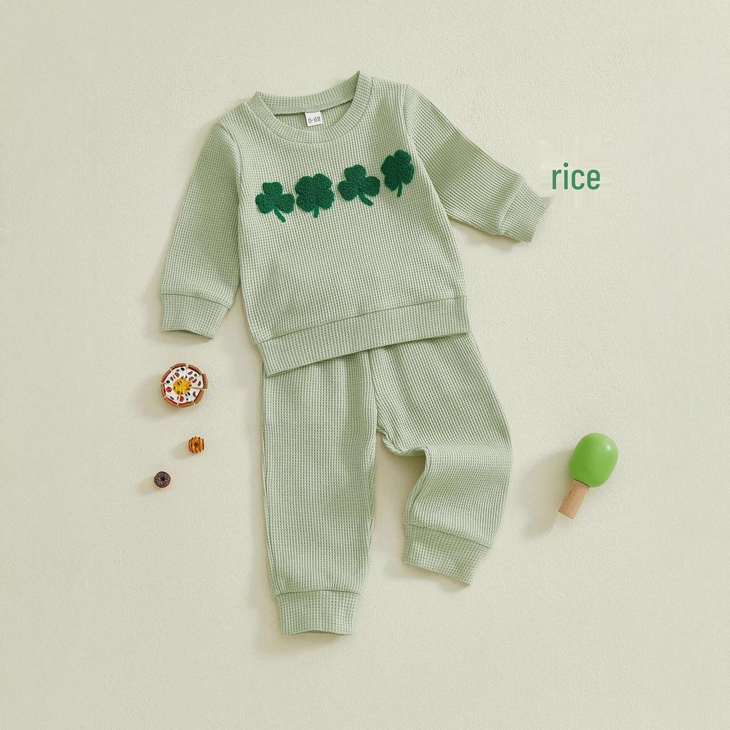 Unisex Baby St. Patrick's Day Clover Embroidered Striped Two-Piece Set (Autumn/Winter)