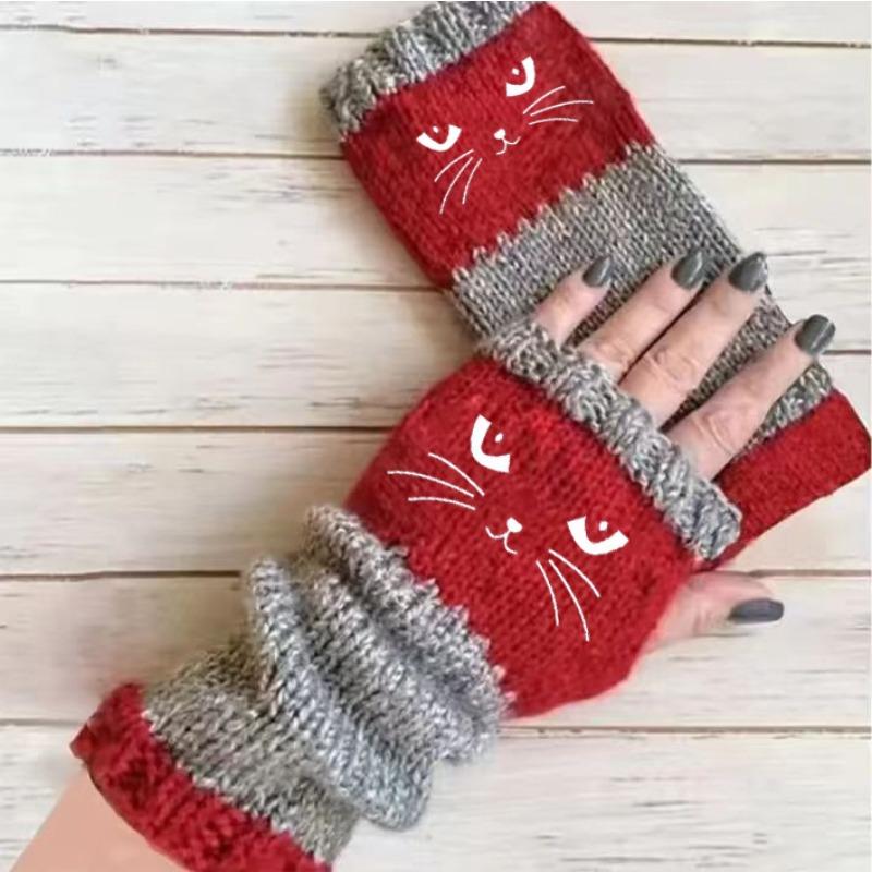 Gants en tricot sans doigts avec broderie de chat et patchwork, Gants décontractés ouverts aux doigts tendance pour femme, Mitaines chaudes d'hiver sans doigts
