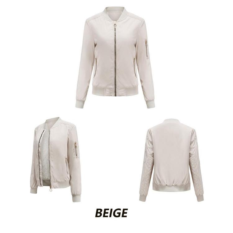 Bomber Jacket Women Thin Casual Zipper Long Sleeves Side Pockets Autumn Spring Outer Wear