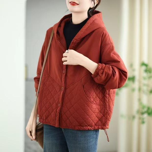 

2025 осень и зима новая однотонная ромбовидная персонализированная хлопковая куртка с капюшоном, стеганая хлопком, модная, свободная, повседневная хлопковая куртка one size fits all красный