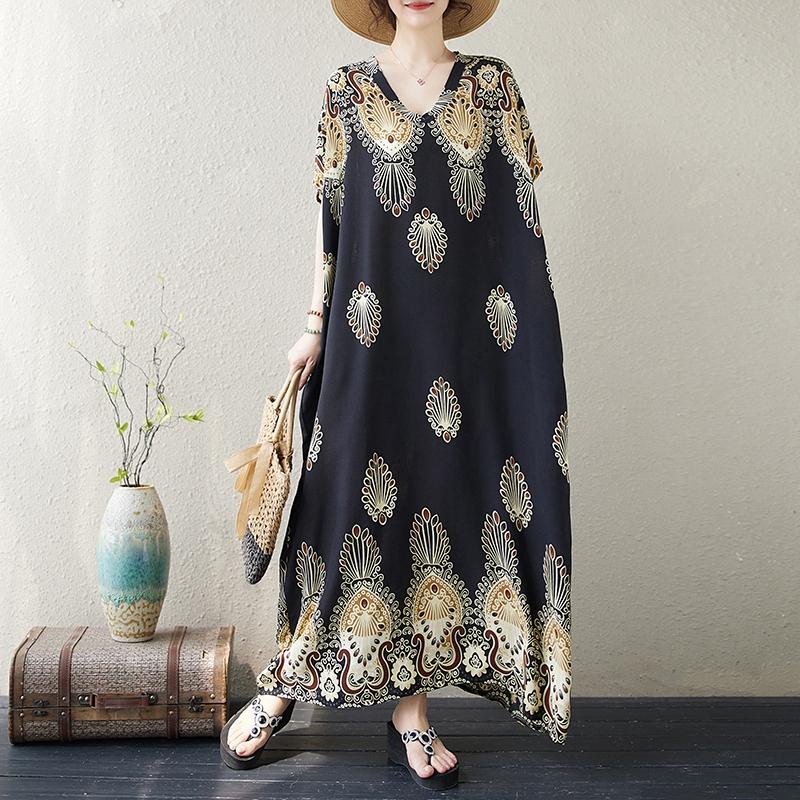 Dimanaf 2024 nadměrně velké šaty letní ženy vintage styl dovolená s výstřihem do V krátký rukáv volný nové české dlouhé šaty