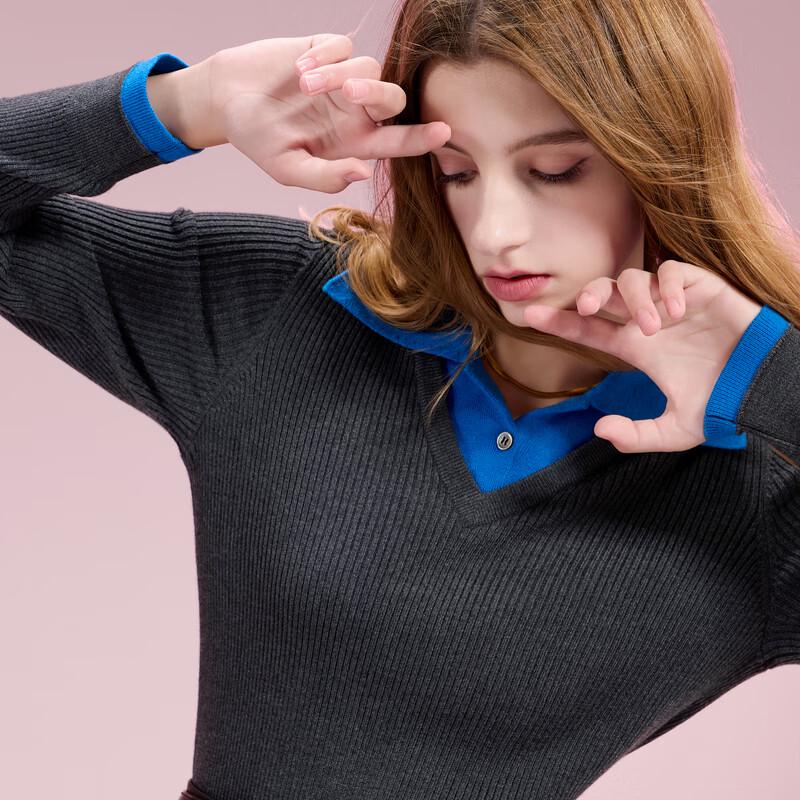 Sancai Women's 2025 Winter Faux Two-Piece Contrast Collar Knitted Pullover