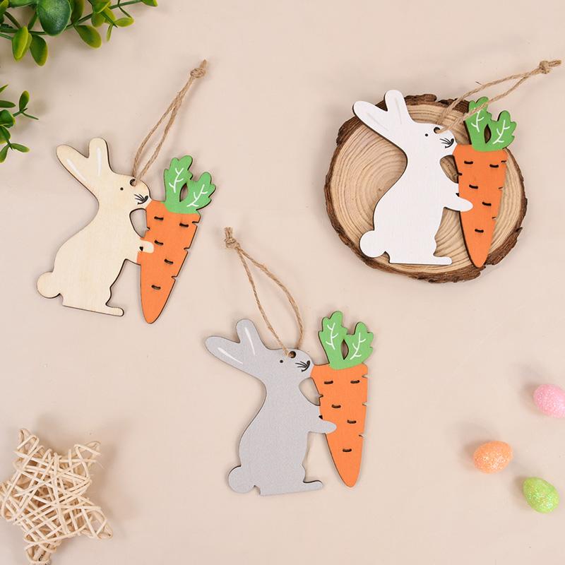 3Pcs Easter Cute Bunny Eggs Wooden Ornament Hanging Pendants with Rope 2025 Easter Home Decoration Kids Party Toy Gift Favors