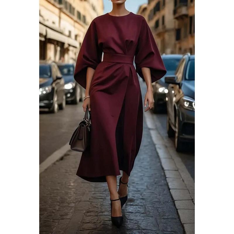 Damenkleidung Europäische und amerikanische Mode Temperament Elegantes einfarbiges Taillenkleid Lässiges Fledermausärmel-Langkleid
