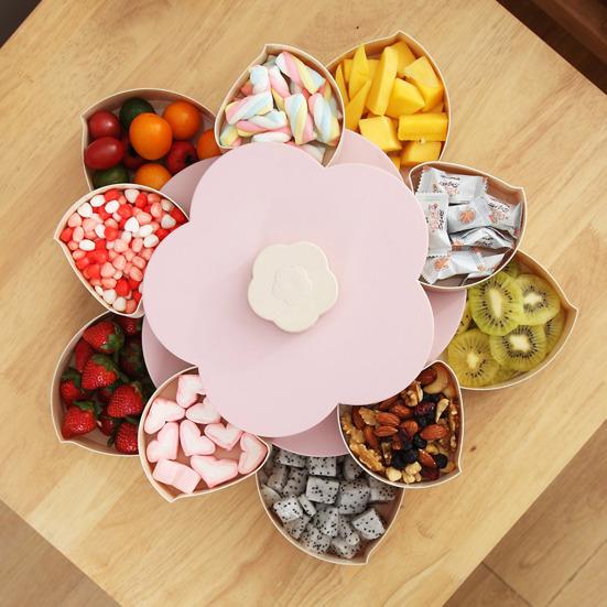 Rotating Fruit Plate with Lid 10 Divided Compartments Easy to Clean Snacks Dips Party Appetizers Plastic Snack Tray
