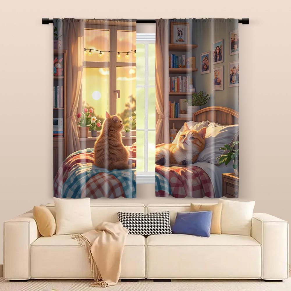 Set Of 2 Filtering Curtains Excluding Rods Non Movable Without Batteries Cute Cartoon Cat Use Bedrooms Living Rooms Curtain For Area Made Polyester