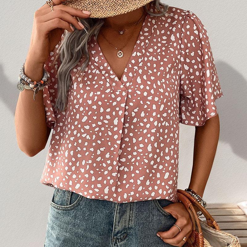 Women Leopard Print V Neck Short Sleeve Mid Length Casual Shirt