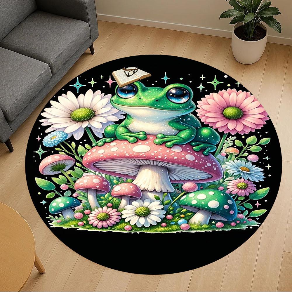 1PC Frog Mushrooms Flowers Round Chair Mat Area Rug - Non-Slip, Floor Mat for Office, Bedroom, Home Decor Christmas Gift C0528056