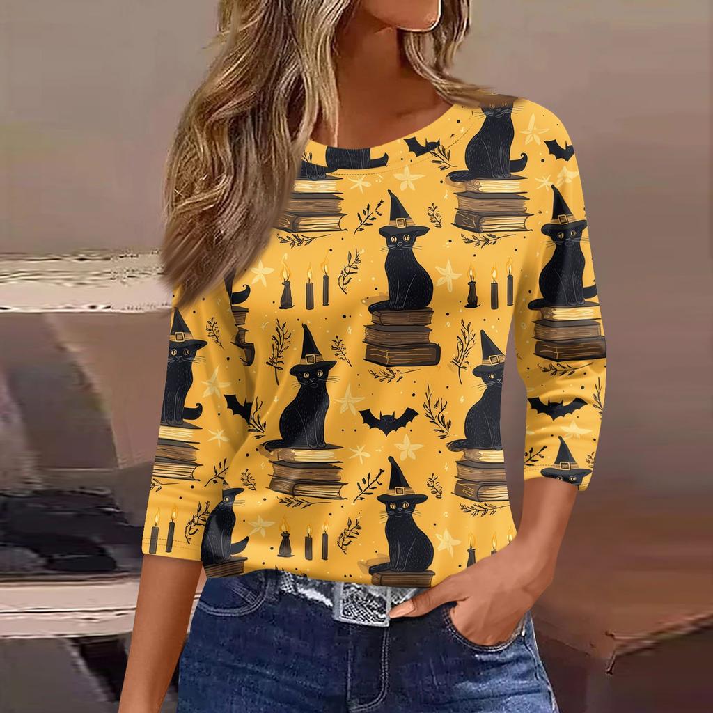Women's 3/4 Sleeve Loose Fit Casual Shirt Round Neck Halloween Print T-Shirt Top for Everyday Wear