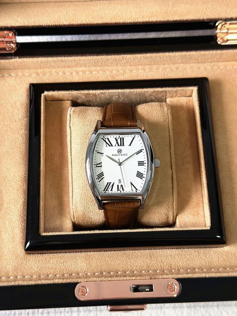 Pablo Raez Barrel Watch: Waterproof Leather Strap, Calendar, Casual Men's Style.