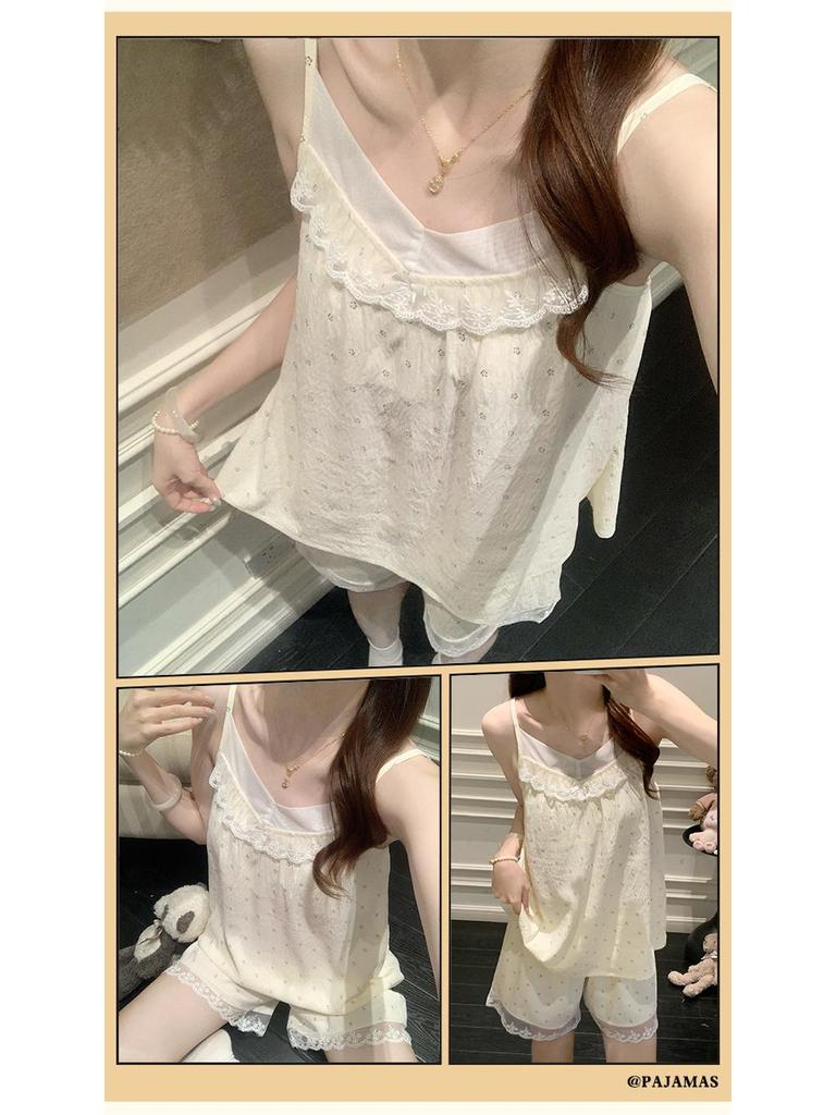 Princess Style Cloud Cotton Pajama Set for Women with Built-in Bra