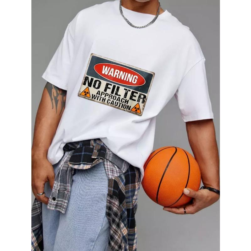 Weißes T-Shirt Mit Warnschild 'No Filter' Grafik Herren Lässiges Streetwear Top für den Alltag
