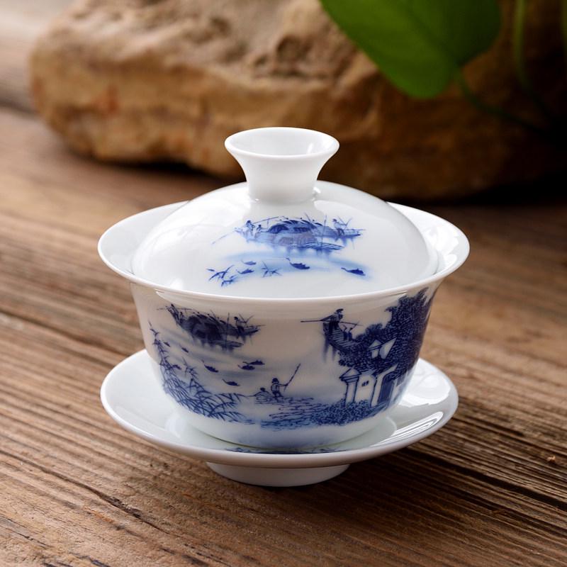 3.4-Inch Blue & White Ceramic Gaiwan Tea Set - 3-Piece, 100ml Capacity