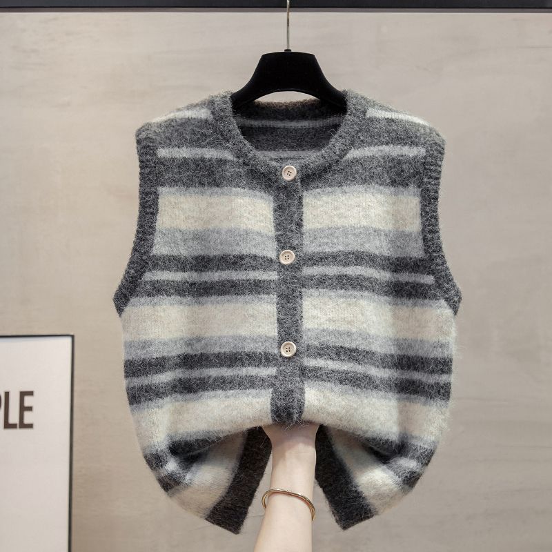 Striped Round Neck Knitted Vest for Women Autumn and Winter Loose Outer Knitted Vest Sweater