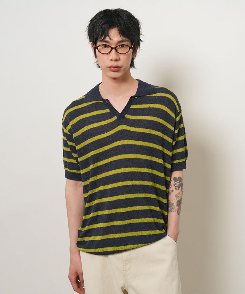 GENERALIDEA Unisex One-Button Collar Striped Half Knit [3Col] / Gf2Ukp021
