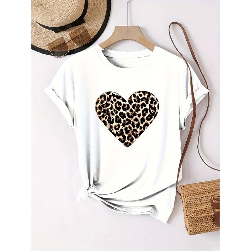 Womens Leopard Heart Print T Shirt Casual Short Sleeve Crew Neck Medium Stretch Spring Summer Fall Fashion Top