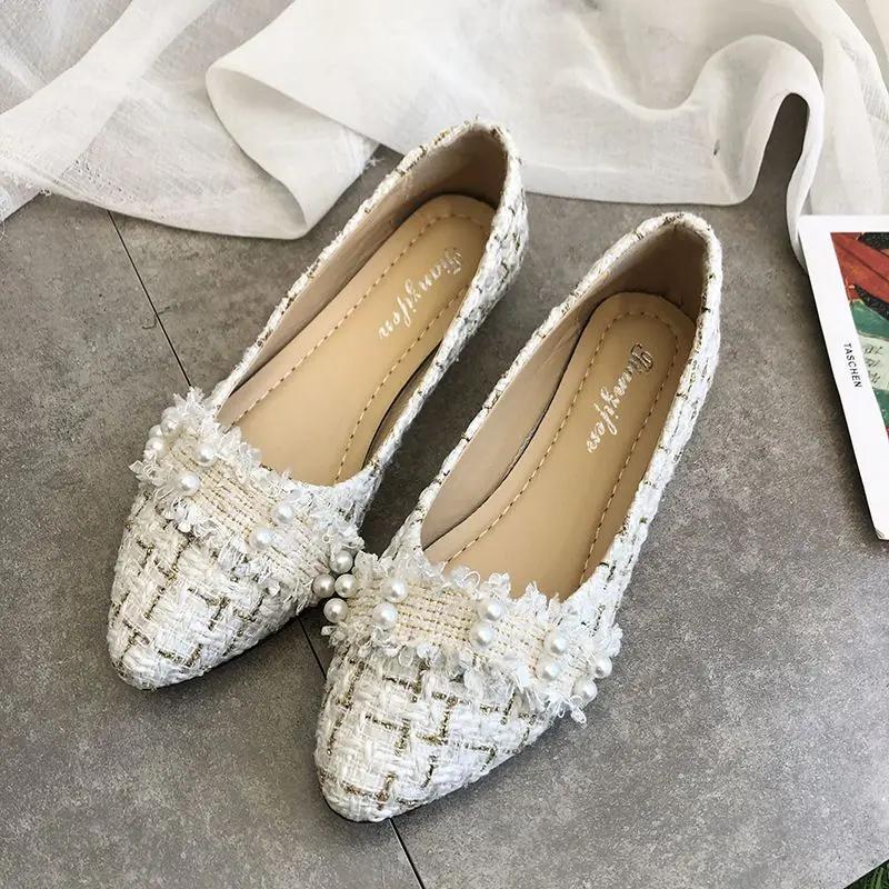 Fashion Women's Flat Shoes Pointed Toe Pearl With Heel Office 39 Luxury Brand Young Non Slip Discount Elegant Dress On Ladies Footwear