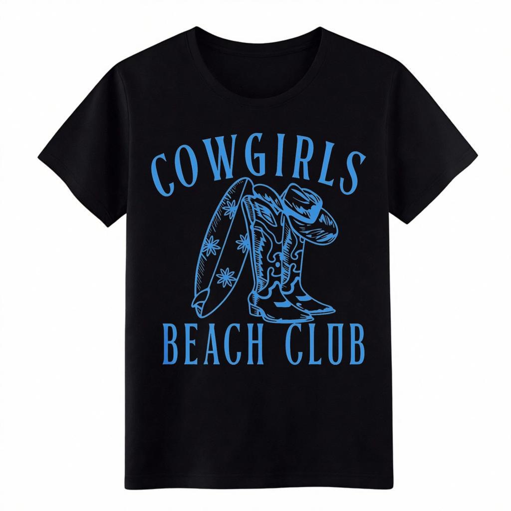 Cowgirls Beach Club T-Shirt, Western Cowgirl Surf Graphic Tee for Summer