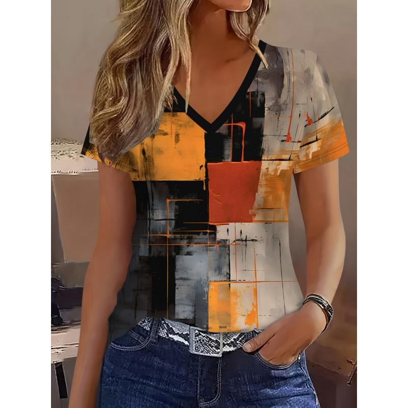 Full Print Breathable V-neck T-shirt, Casual and Fashionable Short Sleeved Women s Sports, Summer New Women s Clothing S