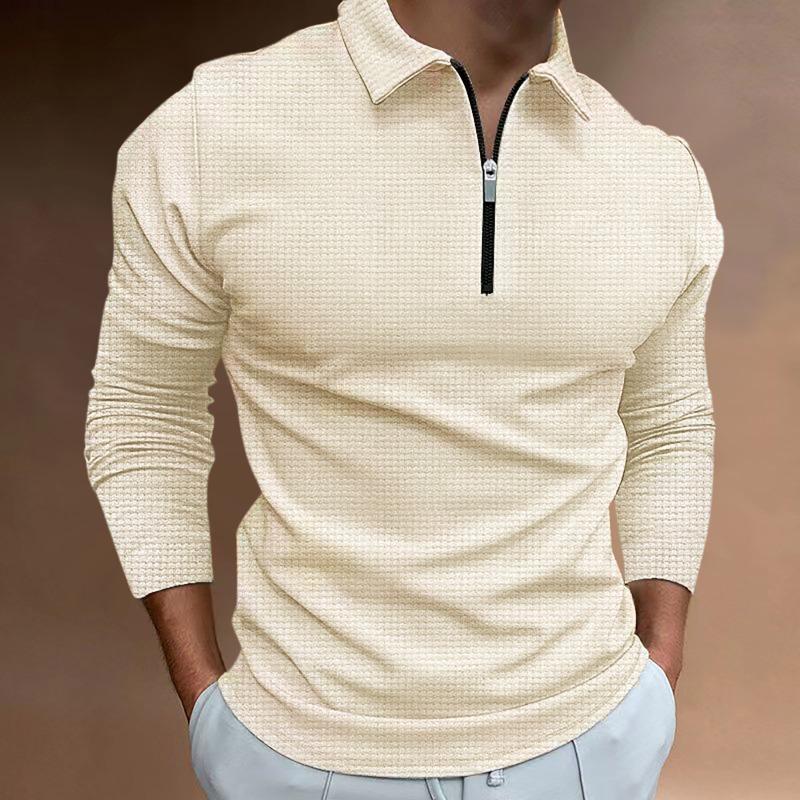 Autumn Waffle Zipper Long Sleeved Polo Shirt Men's T-shirt Top