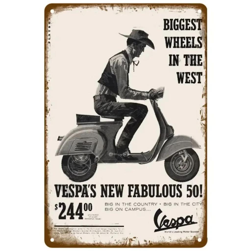 Vespa Motocykl Vintage Kovový Značka" – Retro Umělecká Deska se Skútr Estetikou; Nástěnná dekorace pro domov, kavárnu, zahradu, klub, bar