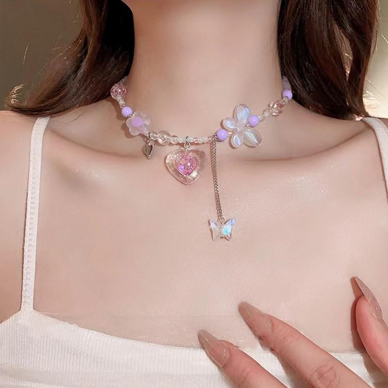 Sweet Japanese & Korean Style Butterfly Pendant Beaded Necklace – Versatile & Cool Clavicle Chain for Women