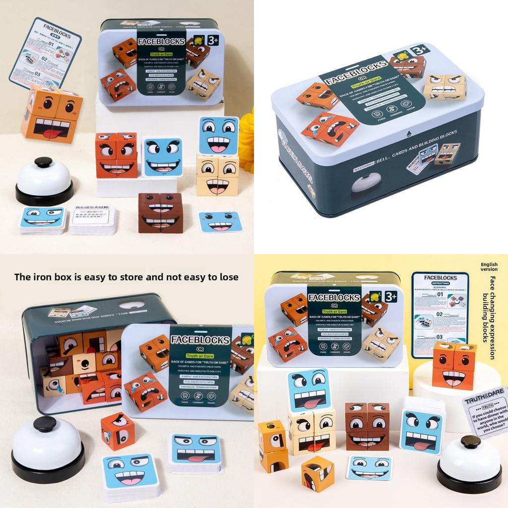 Wooden Face Changing Cube Puzzle Game For Kids With Expression Blocks For Family Play