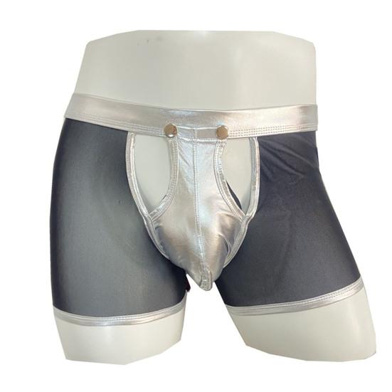 Sexy Herren-Unterhose, leicht zu öffnen, hohl, niedrige Taille, durchsichtiges Netz, Kunstleder, Patchwork, dünn, weich, atmungsaktiv, Boxershorts für Männer