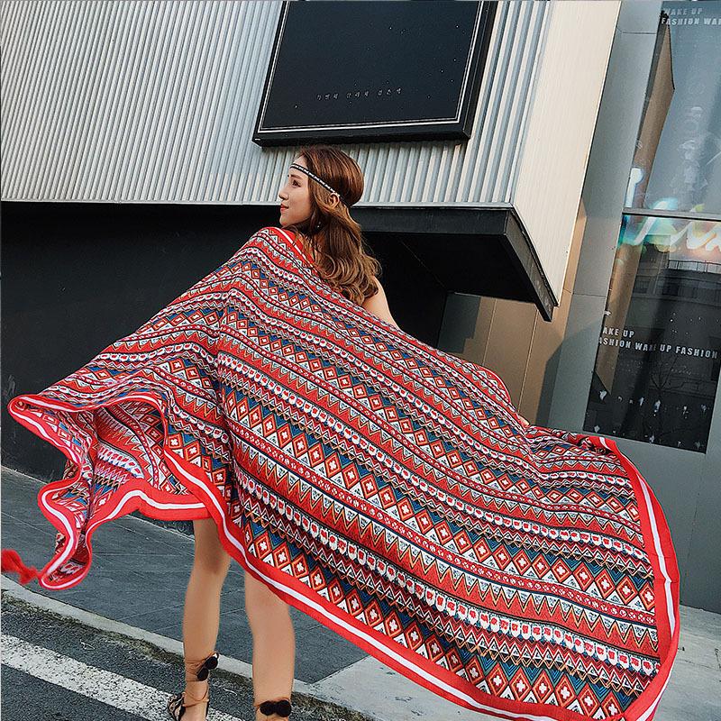 

Женский летний шарф в этническом стиле из хлопка и льна, солнцезащитная шаль с кисточками, туристический пляжный наряд, пляжный шарф с принтом, шелковый шарф 90X 180CM